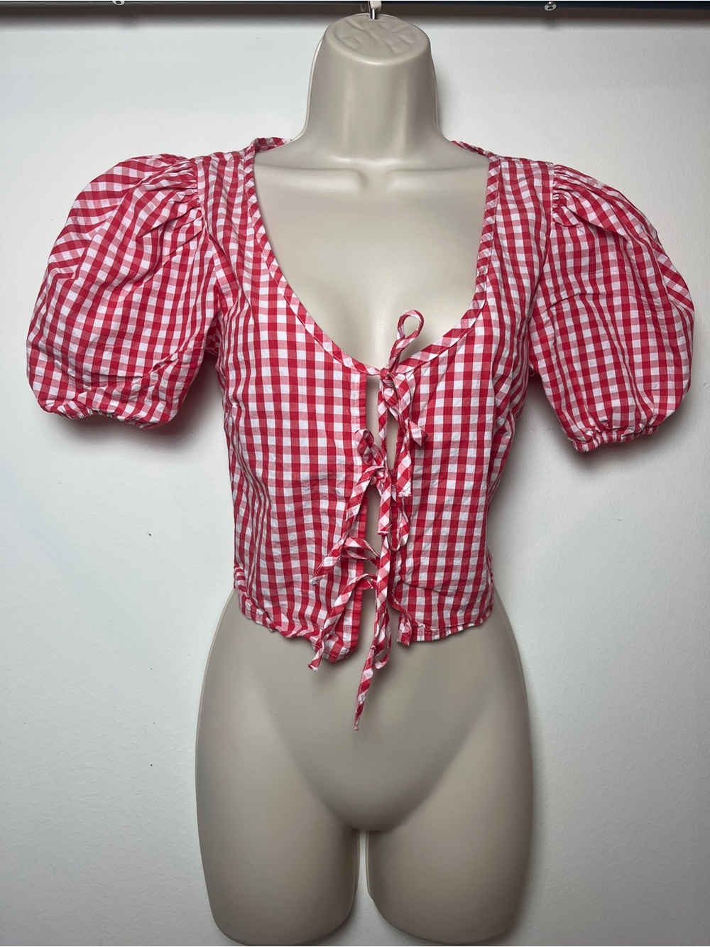 Red Gingham Lace-Up Puff Sleeve Crop Top Peasant Summer Festival Patriotic